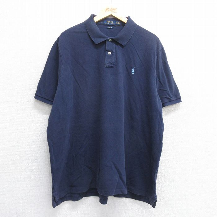 XL★古着 ラルフローレン Ralph Lauren 半袖 ブランド ポロ シャツ メンズ ワンポイントロゴ 鹿の子 大きいサイズ コットン 紺 ネイビー 25jun19 中古 トップス