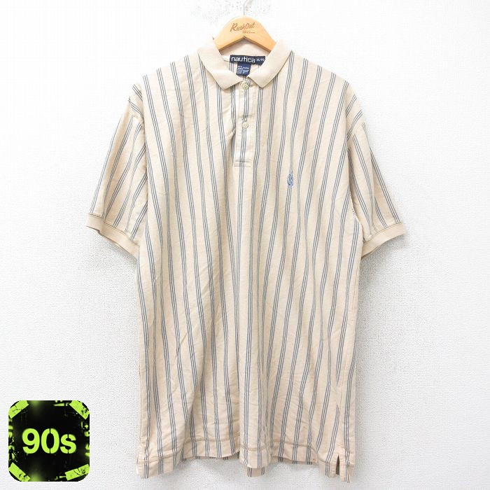 ノーティカ 90s 半袖ポロシャツ ワンポイントロゴ カーキストライプ XL | 古着