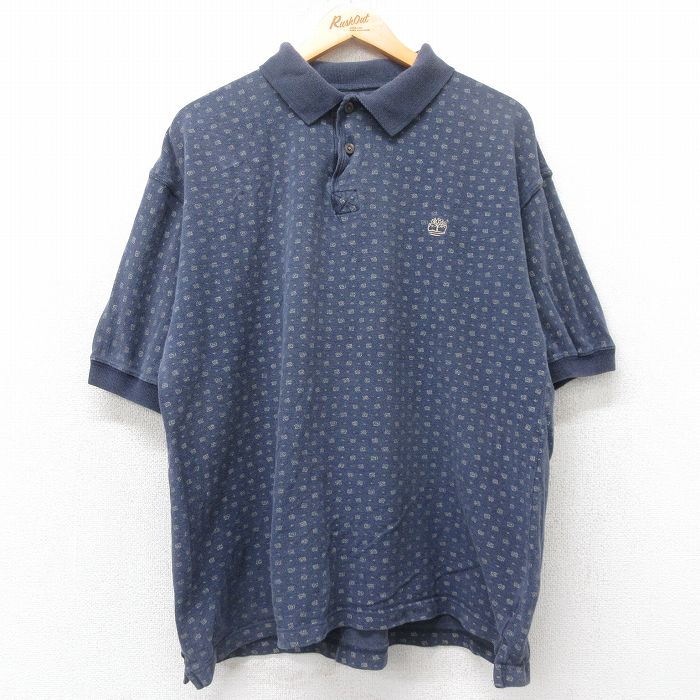 【50%OFF】XL★古着 ティンバーランド 半袖 ブランド ポロ シャツ メンズ 総柄 ワンポイントロゴ 鹿の子 コットン 紺 ネイビー 25jun19 中古 トップス