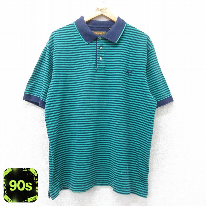 【50%OFF】ティンバーランド 90s 半袖ポロシャツ ワンポイントロゴ グリーンボーダー XL | 古着