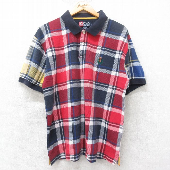 【50%OFF】XL★古着 ラルフローレン Ralph Lauren チャップス 半袖 ブランド ポロ シャツ メンズ 90年代 90s ワンポイントロゴ 鹿の子 コットン 紺他 ネイビー チェック 25jun19 中古 トップス