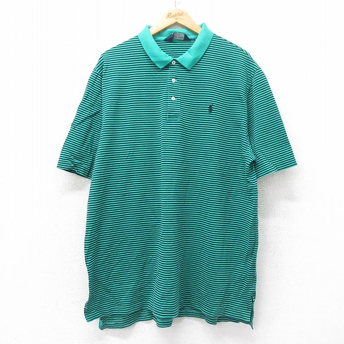 XL★古着 ラルフローレン Ralph Lauren ポロゴルフ 半袖 ブランド ポロ シャツ メンズ 90年代 90s ワンポイントロゴ 大きいサイズ コットン 緑他 グリーン ボーダー 【spe】 25jun19 中古 トップス