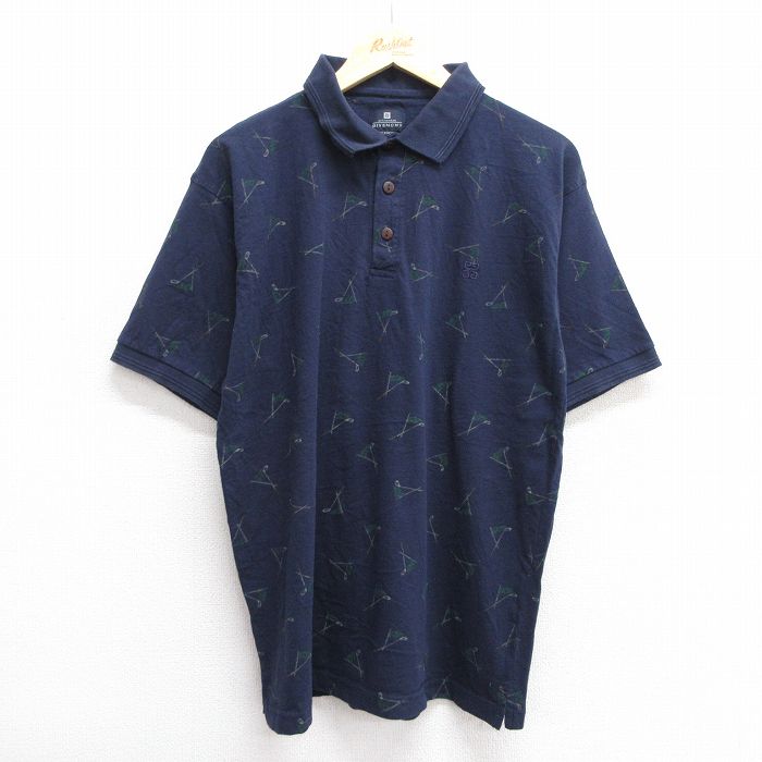 【50%OFF】M★古着 ジバンシー GIVENCHY 半袖 ブランド ポロ シャツ メンズ ワンポイントロゴ ゴルフ 総柄 コットン 濃紺 ネイビー 25jun20 中古 トップス