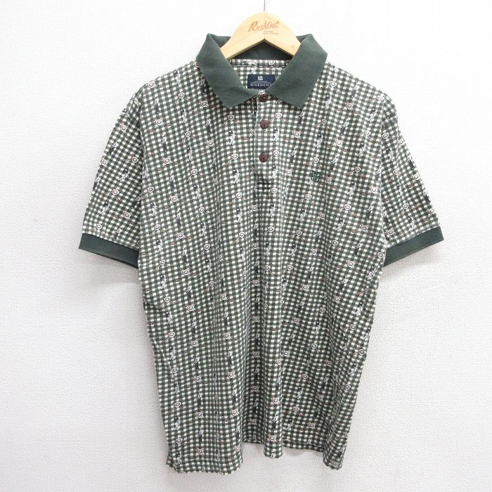 M★古着 ジバンシー GIVENCHY 半袖 ブランド ポロ シャツ メンズ ワンポイントロゴ ゴルフ 総柄 コットン 薄緑他 グリーン チェック 25jun20 中古 トップス