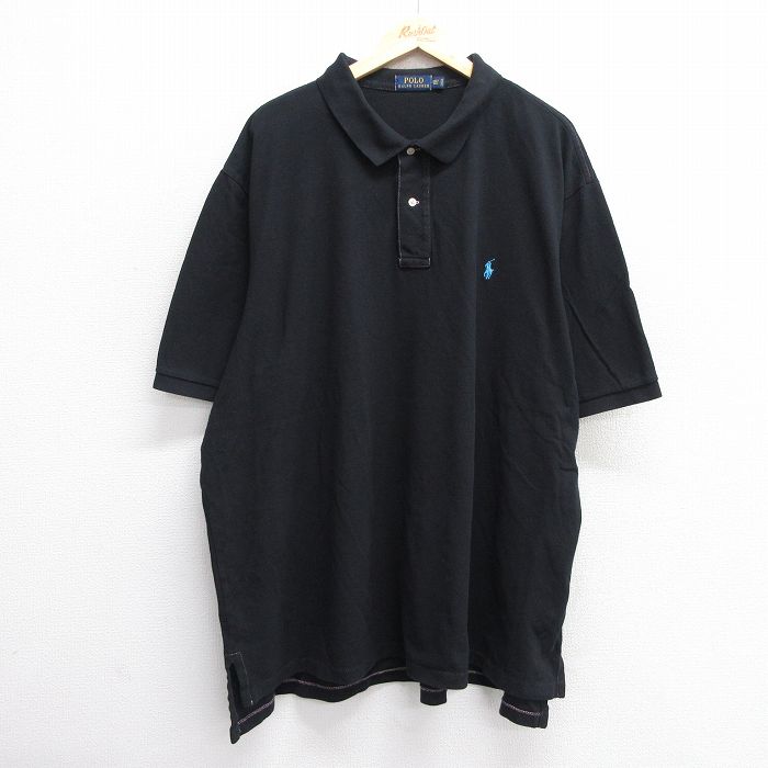 XL★古着 ラルフローレン Ralph Lauren 半袖 ブランド ポロ シャツ メンズ ワンポイントロゴ 鹿の子 大きいサイズ ロング丈 コットン 黒 ブラック 25jun20 中古 トップス