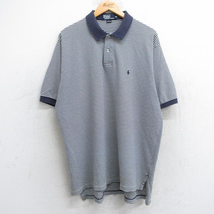【50%OFF】XL★古着 ラルフローレン Ralph Lauren 半袖 ブランド ポロ シャツ メンズ 90年代 90s ワンポイントロゴ 鹿の子 大きいサイズ コットン 紺他 ネイビー ボーダー 【spe】 25jun25 中古 トップス