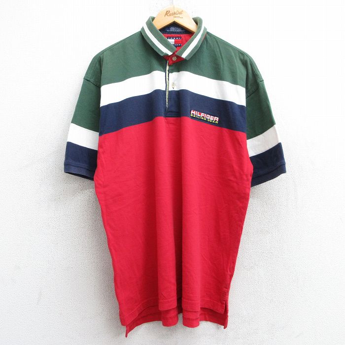 【50%OFF】XL★古着 トミーヒルフィガー TOMMY HILFIGER 半袖 ブランド ポロ シャツ メンズ 90年代 90s ワンポイントロゴ マルチカラー コットン 赤他 レッド 25jun25 中古 トップス