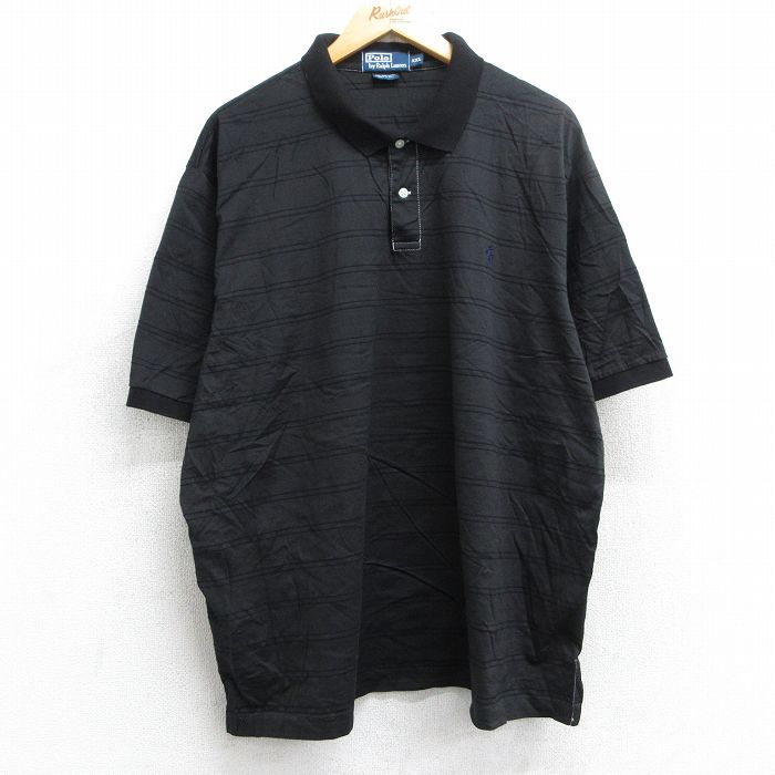 XL★古着 ラルフローレン Ralph Lauren 半袖 ブランド ポロ シャツ メンズ 90年代 90s ワンポイントロゴ 大きいサイズ コットン 黒 ブラック ボーダー 25jun25 中古 トップス