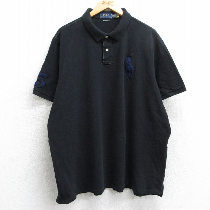 XL★古着 ラルフローレン Ralph Lauren 半袖 ブランド ポロ シャツ メンズ ビッグポニー 鹿の子 大きいサイズ コットン 黒 ブラック 25jun25 中古 トップス