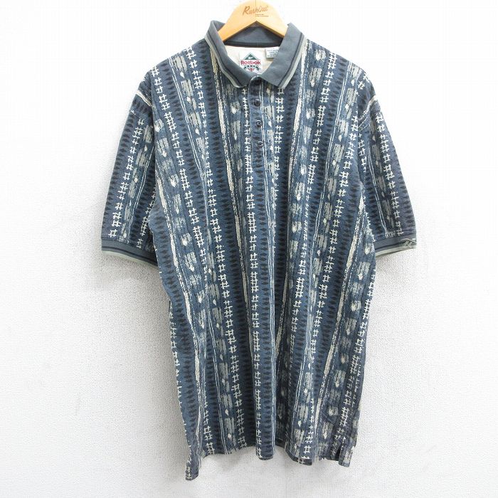 【50%OFF】XL★古着 リーボック REEBOK 半袖 ブランド ポロ シャツ メンズ ゴルフ 総柄 大きいサイズ コットン 紺系他 ネイビー 25jun25 中古 トップス