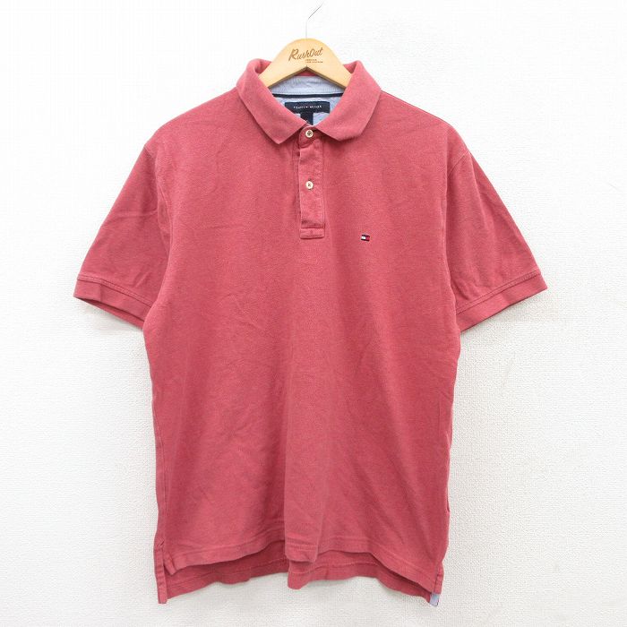 XL★古着 トミーヒルフィガー TOMMY HILFIGER 半袖 ブランド ポロ シャツ メンズ ワンポイントロゴ 鹿の子 コットン 赤系 レッド 25jun26 中古 トップス