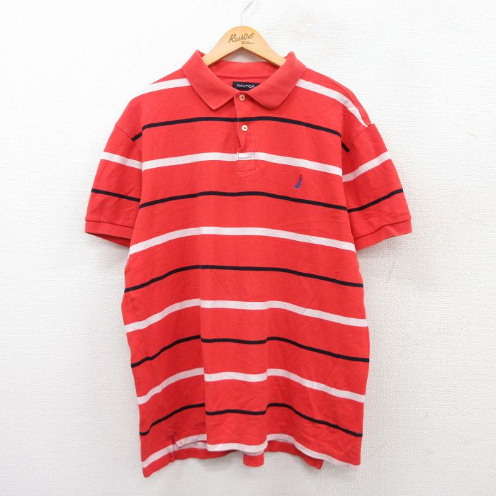 XL★古着 ノーティカ NAUTICA 半袖 ブランド ポロ シャツ メンズ ワンポイントロゴ 鹿の子 大きいサイズ コットン オレンジ系他 ボーダー 25jun26 中古 トップス