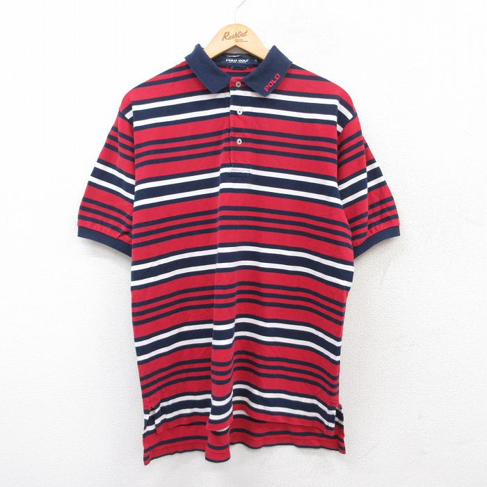 XL★古着 ラルフローレン Ralph Lauren ポロゴルフ 半袖 ブランド ポロ シャツ メンズ 90年代 90s ワンポイントロゴ 鹿の子 コットン 赤他 レッド ボーダー 25jun26 中古 トップス