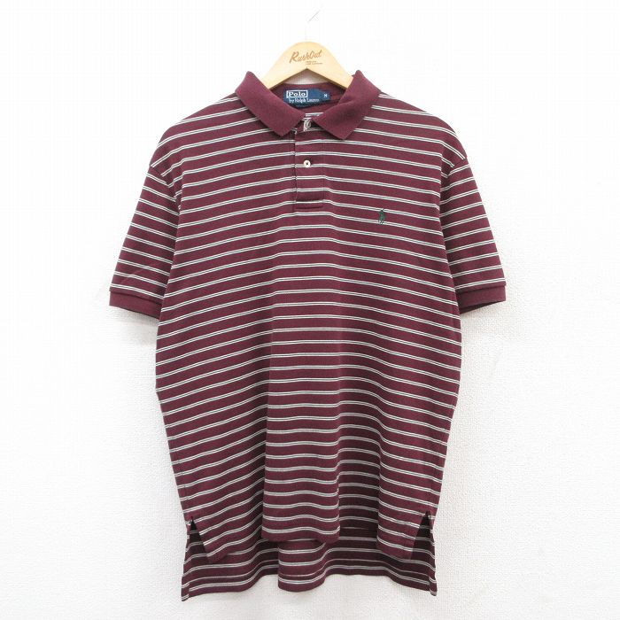 【50%OFF】XL★古着 ラルフローレン Ralph Lauren 半袖 ブランド ポロ シャツ メンズ 90年代 90s ワンポイントロゴ コットン エンジ系他 ボーダー 25jun28 中古 トップス