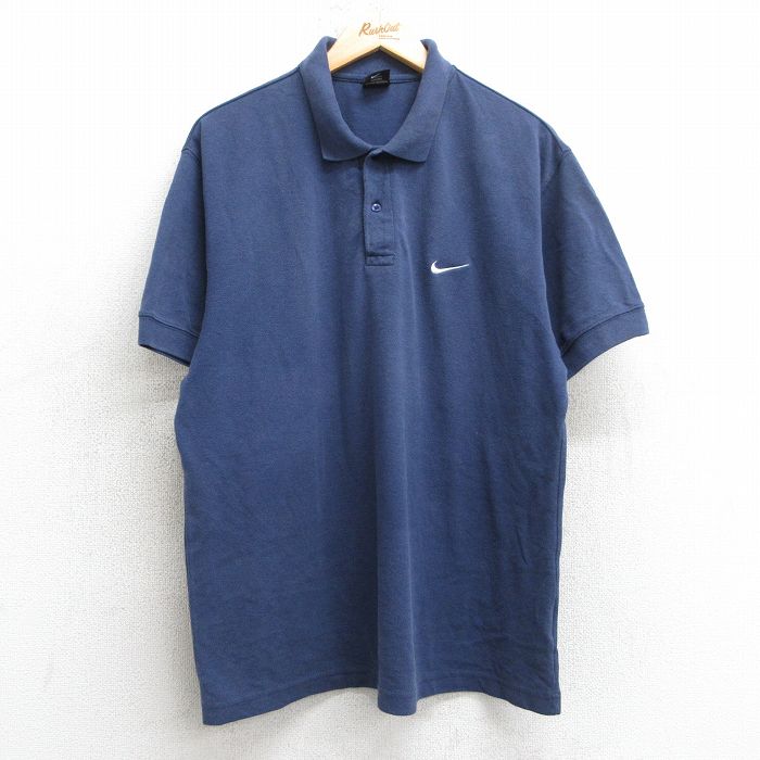 XL★古着 ナイキ NIKE 半袖 ブランド ポロ シャツ メンズ ワンポイントロゴ 鹿の子 紺 ネイビー 25jul08 中古 トップス