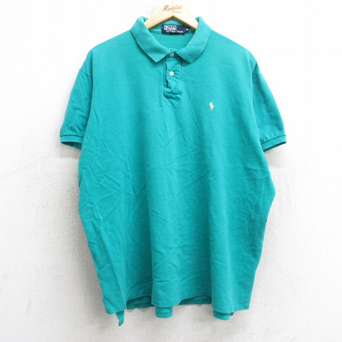 【20%OFF】XL★古着 ラルフローレン Ralph Lauren 半袖 ブランド ポロ シャツ メンズ 90年代 90s ワンポイントロゴ 鹿の子 大きいサイズ コットン USA製 青緑 25jul08 中古 トップス