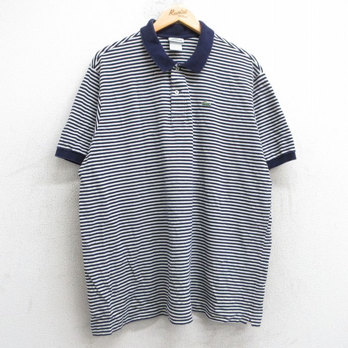 XL★古着 ラコステ LACOSTE 半袖 ブランド ポロ シャツ メンズ ワンポイントロゴ 鹿の子 大きいサイズ コットン フランス製 紺他 ネイビー ボーダー 【spe】 25jul08 中古 トップス