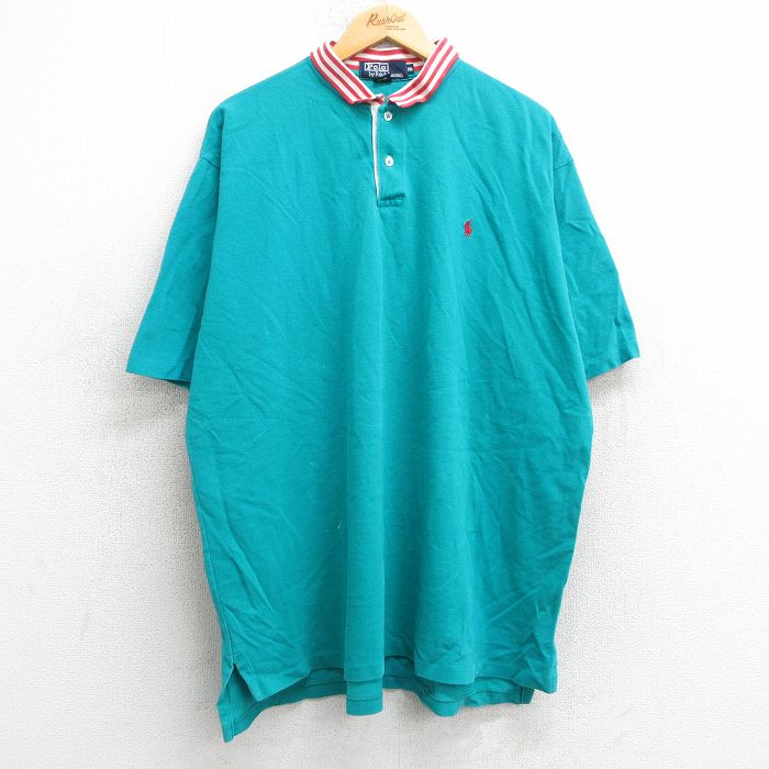 【20%OFF】XL★古着 ラルフローレン Ralph Lauren 半袖 ブランド ポロ シャツ メンズ 90年代 90s ワンポイントロゴ 鹿の子 大きいサイズ コットン USA製 青緑 25jul08 中古 トップス