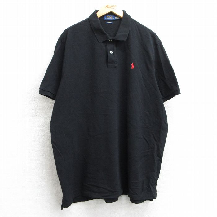 XL★古着 ラルフローレン Ralph Lauren 半袖 ブランド ポロ シャツ メンズ ワンポイントロゴ 鹿の子 大きいサイズ ロング丈 コットン 黒 ブラック 25jul08 中古 トップス
