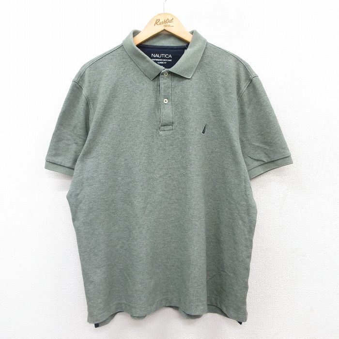 XL★古着 ノーティカ NAUTICA 半袖 ブランド ポロ シャツ メンズ ワンポイントロゴ 大きいサイズ コットン 緑 グリーン 霜降り 25jul14 中古 トップス