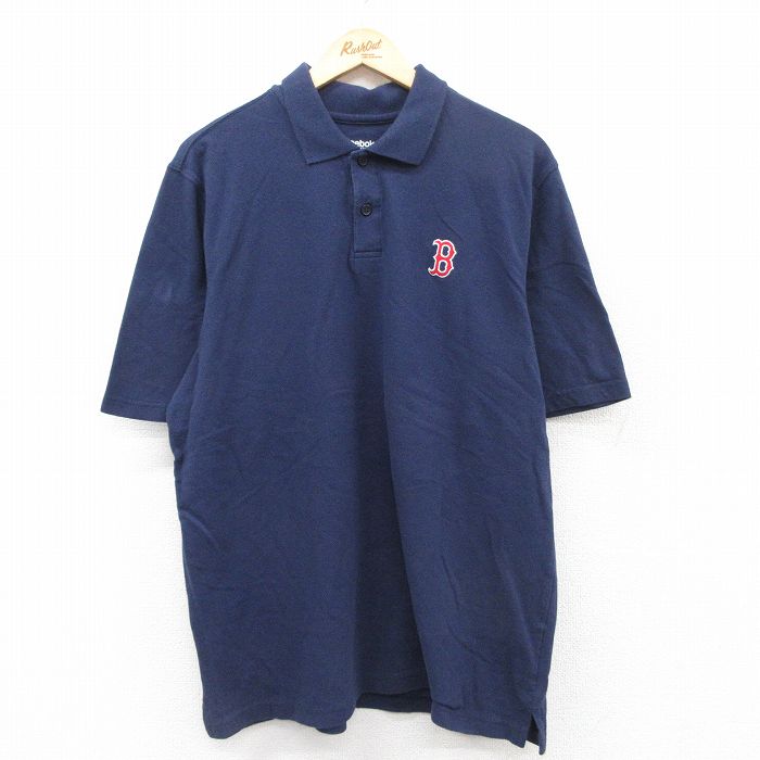 XL★古着 リーボック REEBOK 半袖 ブランド ポロ シャツ メンズ MLB ボストンレッドソックス 鹿の子 コットン 紺 ネイビー メジャーリーグ ベースボール 野球 25jul14 中古 トップス