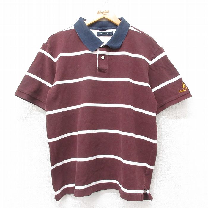 XL★古着 ノーティカ NAUTICA 半袖 ブランド ポロ シャツ メンズ ワンポイントロゴ 鹿の子 コットン エンジ他 ボーダー 25jul14 中古 トップス