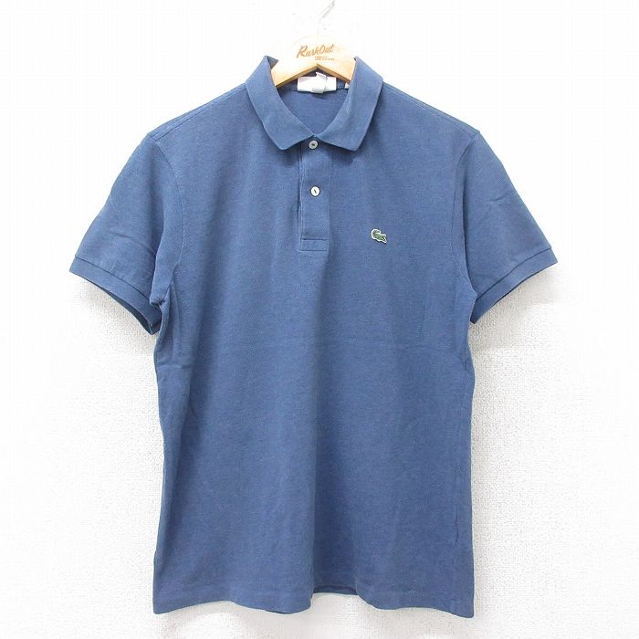 L★古着 ラコステ LACOSTE 半袖 ブランド ポロ シャツ メンズ ワンポイントロゴ 鹿の子 コットン 薄紺 ネイビー 25jul14 中古 トップス