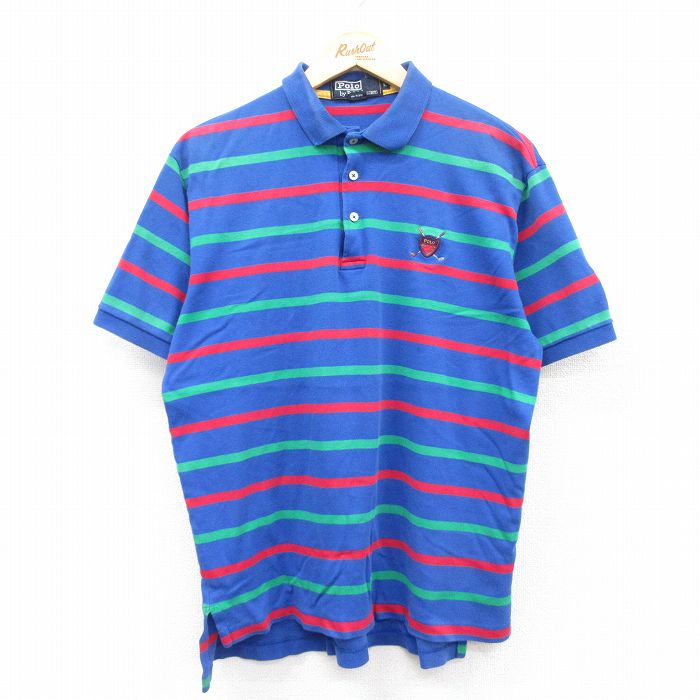 【50%OFF】XL★古着 ラルフローレン Ralph Lauren 半袖 ブランド ポロ シャツ メンズ 90年代 90s ワンポイントロゴ ゴルフ コットン USA製 青他 ブルー ボーダー 【spe】 25jul14 中古 トップス