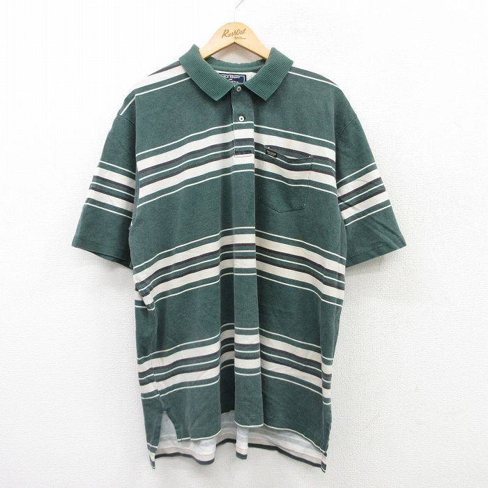【20%OFF】XL★古着 ラルフローレン Ralph Lauren ポロスポーツ 半袖 ブランド ポロ シャツ メンズ ワンポイントロゴ 鹿の子 大きいサイズ コットン 緑他 グリーン ボーダー 25jul14 中古 トップス