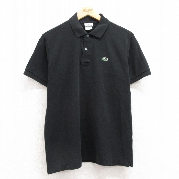 L★古着 ラコステ LACOSTE 半袖 ブランド ポロ シャツ メンズ ワンポイントロゴ 鹿の子 コットン 黒 ブラック 25jul15 中古 トップス