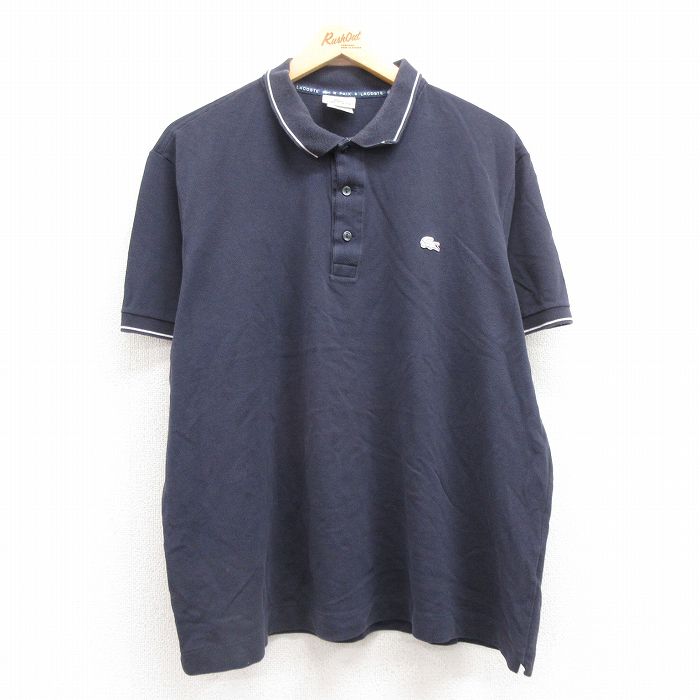 XL★古着 ラコステ LACOSTE 半袖 ブランド ポロ シャツ メンズ ワンポイントロゴ 鹿の子 大きいサイズ コットン 紺 ネイビー 25jul15 中古 トップス