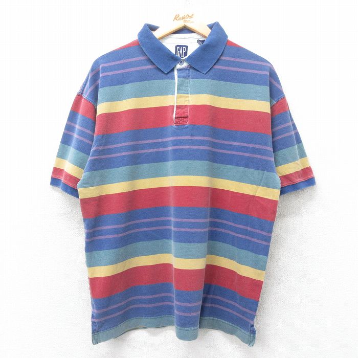 L★古着 ギャップ GAP 半袖 ブランド ラガー シャツ メンズ 鹿の子 コットン 紺他 ネイビー ボーダー 25jul18 中古 トップス