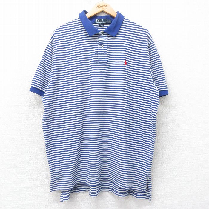 【50%OFF】XL★古着 ラルフローレン Ralph Lauren 半袖 ブランド ポロ シャツ メンズ 90年代 90s ワンポイントロゴ 鹿の子 大きいサイズ コットン 青他 ブルー ボーダー 25jul18 中古 トップス