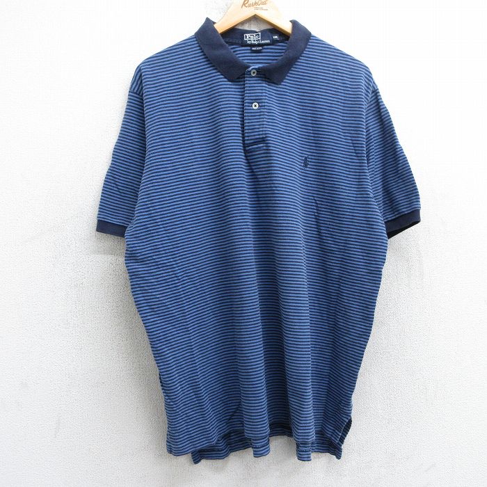 XL★古着 ラルフローレン Ralph Lauren 半袖 ブランド ポロ シャツ メンズ 90年代 90s ワンポイントロゴ 鹿の子 大きいサイズ コットン 薄紺他 ネイビー ボーダー 25jul18 中古 トップス