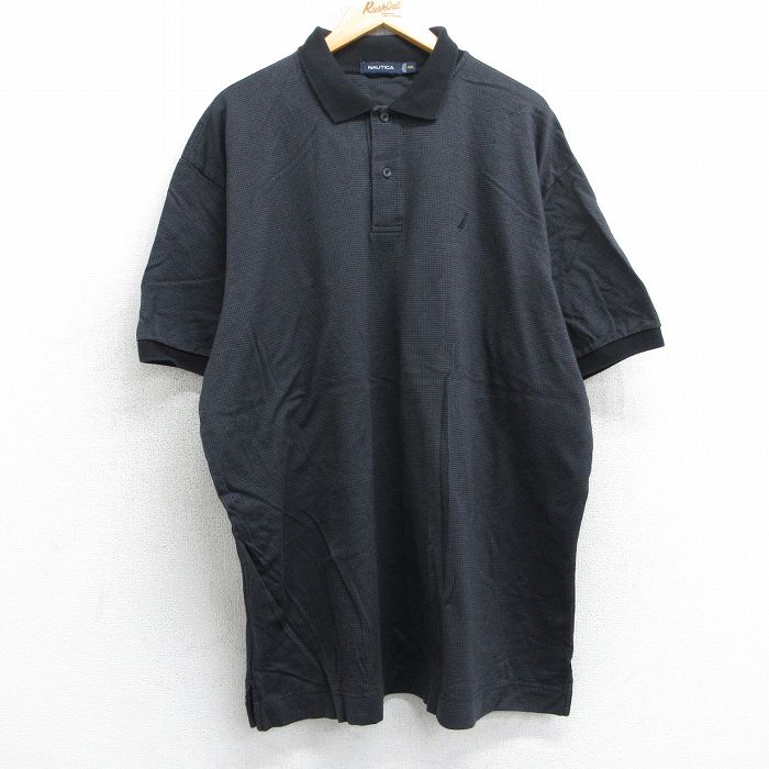XL★古着 ノーティカ NAUTICA 半袖 ブランド ポロ シャツ メンズ ワンポイントロゴ 千鳥格子 大きいサイズ ロング丈 コットン 黒 ブラック 25jul25 中古 トップス