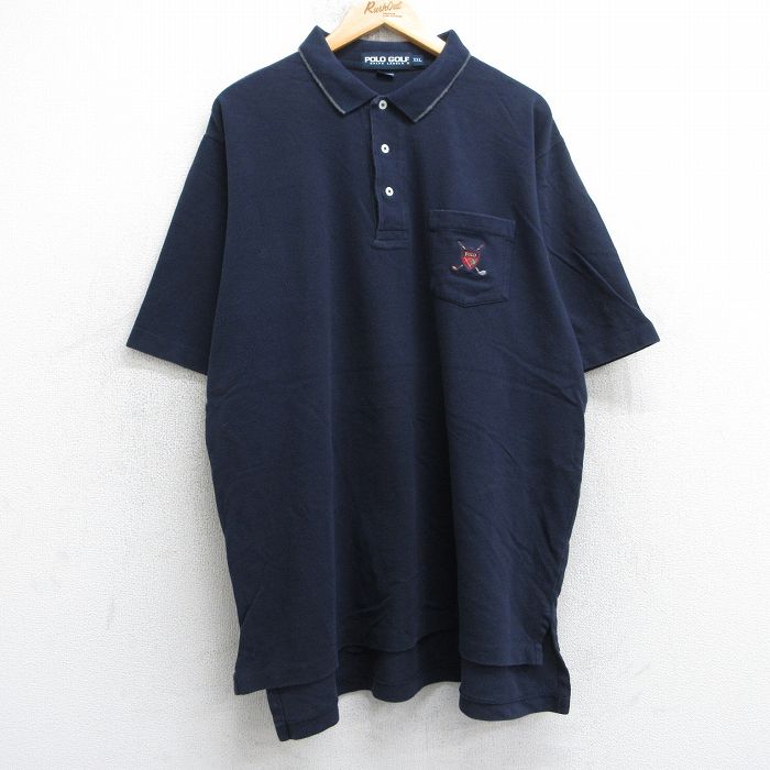 XL★古着 ラルフローレン Ralph Lauren ポロゴルフ 半袖 ブランド ポロ シャツ メンズ 90年代 90s ワンポイントロゴ 大きいサイズ ロング丈 コットン 紺 ネイビー 25jul25 中古 トップス