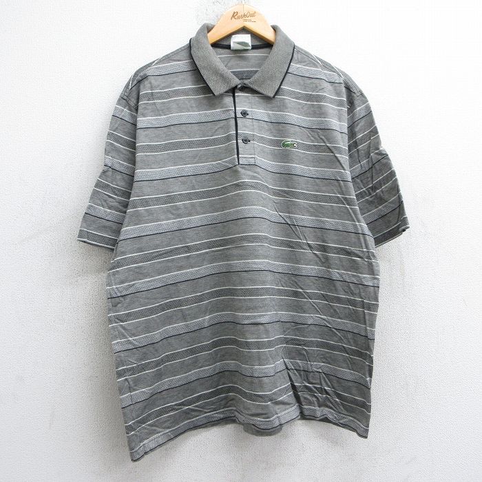 XL★古着 ラコステ LACOSTE 半袖 ブランド ポロ シャツ メンズ ワンポイントロゴ 大きいサイズ コットン イタリア製 グレー ボーダー 【spe】 25jul25 中古 トップス