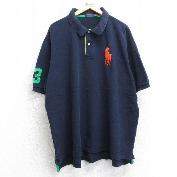 XL★古着 ラルフローレン Ralph Lauren 半袖 ブランド ポロ シャツ メンズ ビッグポニー 鹿の子 大きいサイズ コットン 紺 ネイビー 25jul25 中古 トップス