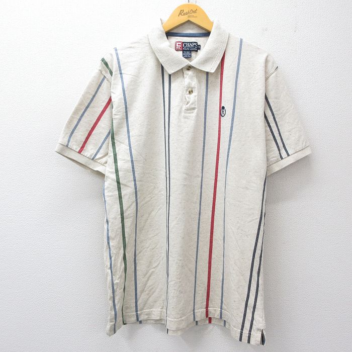 【50%OFF】XL★古着 ラルフローレン Ralph Lauren チャップス 半袖 ブランド ポロ シャツ メンズ 90年代 90s ワンポイントロゴ 薄ベージュ他 カーキ 霜降り ストライプ 25jul29 中古 トップス