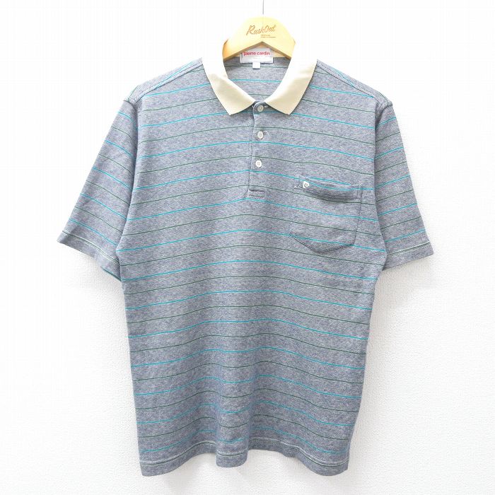 【50%OFF】L★古着 ピエールカルダン pierre cardin 半袖 ブランド ポロ シャツ メンズ ワンポイントロゴ コットン 紺他 ネイビー ボーダー 25jul29 中古 トップス