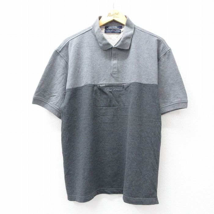 XL★古着 トミーヒルフィガー TOMMY HILFIGER 半袖 ブランド ポロ シャツ メンズ ワンポイントロゴ ツートンカラー 鹿の子 コットン グレー 霜降り 25jul29 中古 トップス