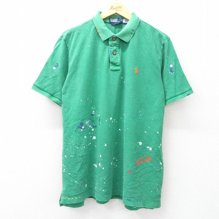 【50%OFF】XL★古着 ラルフローレン Ralph Lauren 半袖 ブランド ポロ シャツ メンズ 90年代 90s ワンポイントロゴ 鹿の子 大きいサイズ コットン 緑 グリーン ペンキ、すれ加工 25jul29 中古 トップス