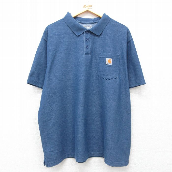 XL★古着 カーハート Carhartt 半袖 ブランド ポロ シャツ メンズ ワンピース 鹿の子 大きいサイズ 紺 ネイビー 25jul29 中古 トップス