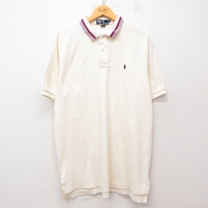 XL★古着 ラルフローレン Ralph Lauren 半袖 ブランド ポロ シャツ メンズ 90年代 90s ワンポイントロゴ 大きいサイズ コットン USA製 生成り 25jul29 中古 トップス