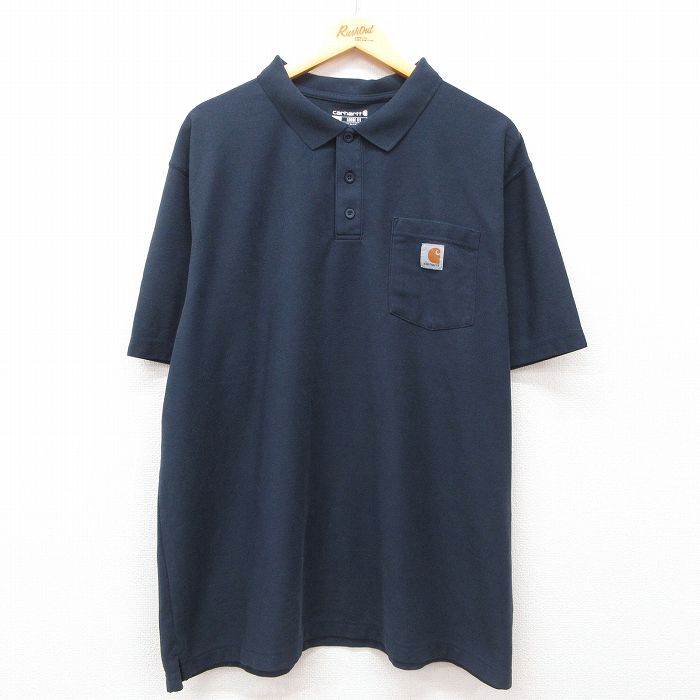 XL★古着 カーハート Carhartt 半袖 ブランド ポロ シャツ メンズ ワンポイントロゴ 鹿の子 大きいサイズ 紺 ネイビー 25jul29 中古 トップス