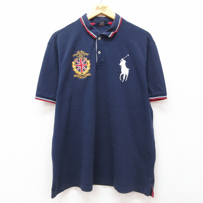 XL★古着 ラルフローレン Ralph Lauren ポロゴルフ 半袖 ブランド ポロ シャツ メンズ ビッグポニー ユニオンジャック 鹿の子 大きいサイズ コットン 紺 ネイビー 25jul29 中古 トップス