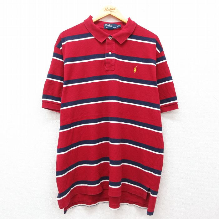 【20%OFF】XL★古着 ラルフローレン Ralph Lauren 半袖 ブランド ポロ シャツ メンズ 90年代 90s ワンポイントロゴ 鹿の子 大きいサイズ コットン 赤他 レッド ボーダー 【spe】 25jul29 中古 トップス