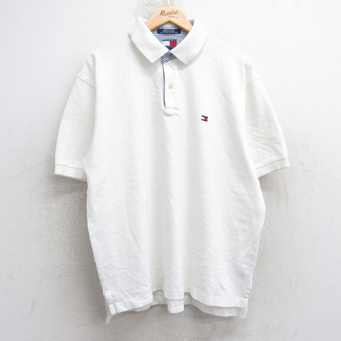 XL★古着 トミーヒルフィガー TOMMY HILFIGER 半袖 ブランド ポロ シャツ メンズ 90年代 90s ワンポイントロゴ 鹿の子 大きいサイズ コットン 白 ホワイト 25jul30 中古 トップス