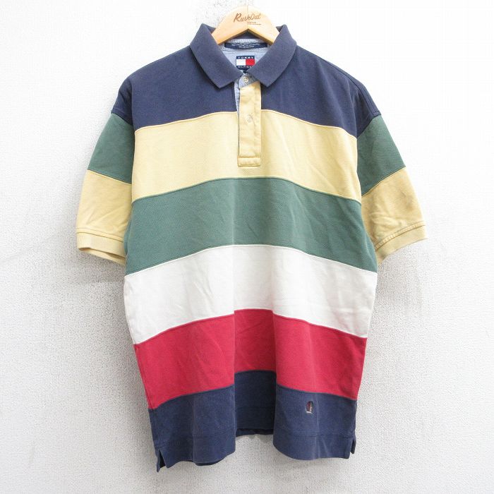 XL★古着 トミーヒルフィガー TOMMY HILFIGER 半袖 ブランド ポロ シャツ メンズ 90年代 90s ワンポイントロゴ マルチカラー 鹿の子 コットン 紺他 ネイビー 25jul30 中古 トップス