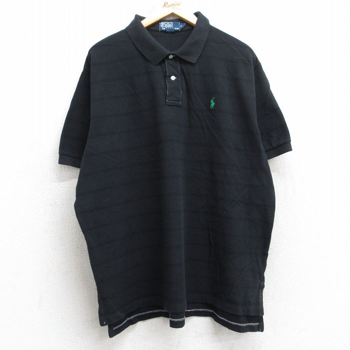 XL★古着 ラルフローレン Ralph Lauren 半袖 ブランド ポロ シャツ メンズ 90年代 90s ワンポイントロゴ 鹿の子 大きいサイズ コットン 黒 ブラック ボーダー 25jul30 中古 トップス